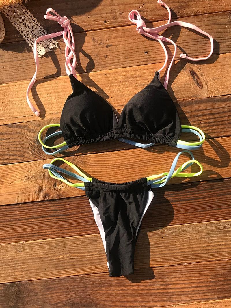 Micro Bikini Set For Women Black Blue Green Pink String Swimwear Women's Halter String Triangle Bikini Set Charming Swimwear Two Piece Swimsuit Women's Swimsuit Push Up Bathers Bathing Suit Bikinis