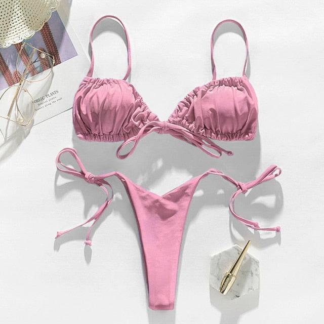 Micro Bikinis String Swimsuit Female Pleated Bikini Set Yellow Swimwear Women Mini Bathing Suit Tie Side Triangle Bikini Set String 2 Piece Cheeky Cut Swimsuits for Women