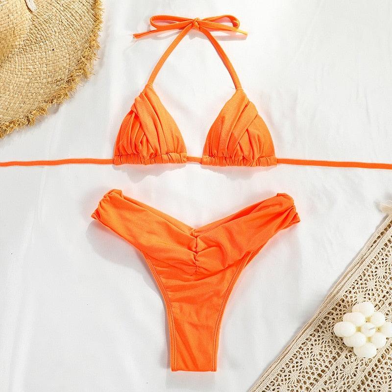 Micro Pleated Bikini Women Swimsuit Halter Bikini Set Triangle Swimwear Female Beach Wear Bathing Suit Two Piece Bikini Double Shoulder Straps Cute Swimsuit Triangle Bathing