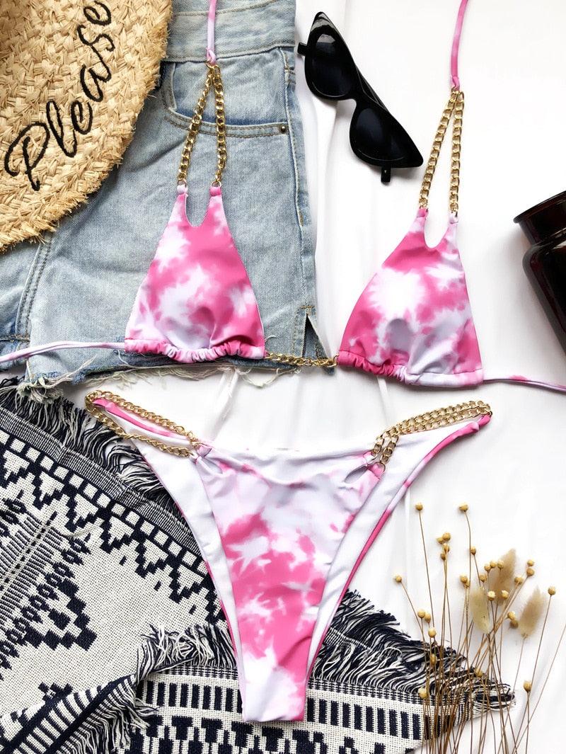 Mini Bikini Tie Dye Swimwear Women Metal Chain Patchwork Bathing suit Triangle Bikinis Women's Swimsuit Women Sparkle Glitter Swimwear Sequin Bikini Shiny String Bra Swimsuit Beach Wear