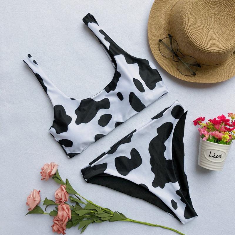 Modern Bikini New Black White Print Swimsuit Women Two Pieces Push Up Swimming Suit For Women Beach Swimwear Women's 2 Piece Swimsuits Cow Print Scoop Neck High Waist Stretchy Bikini Set