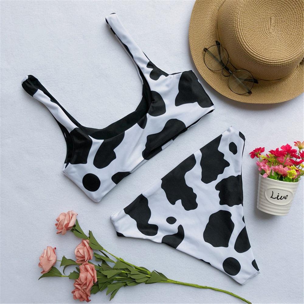 Modern Bikini New Black White Print Swimsuit Women Two Pieces Push Up Swimming Suit For Women Beach Swimwear Women's 2 Piece Swimsuits Cow Print Scoop Neck High Waist Stretchy Bikini Set