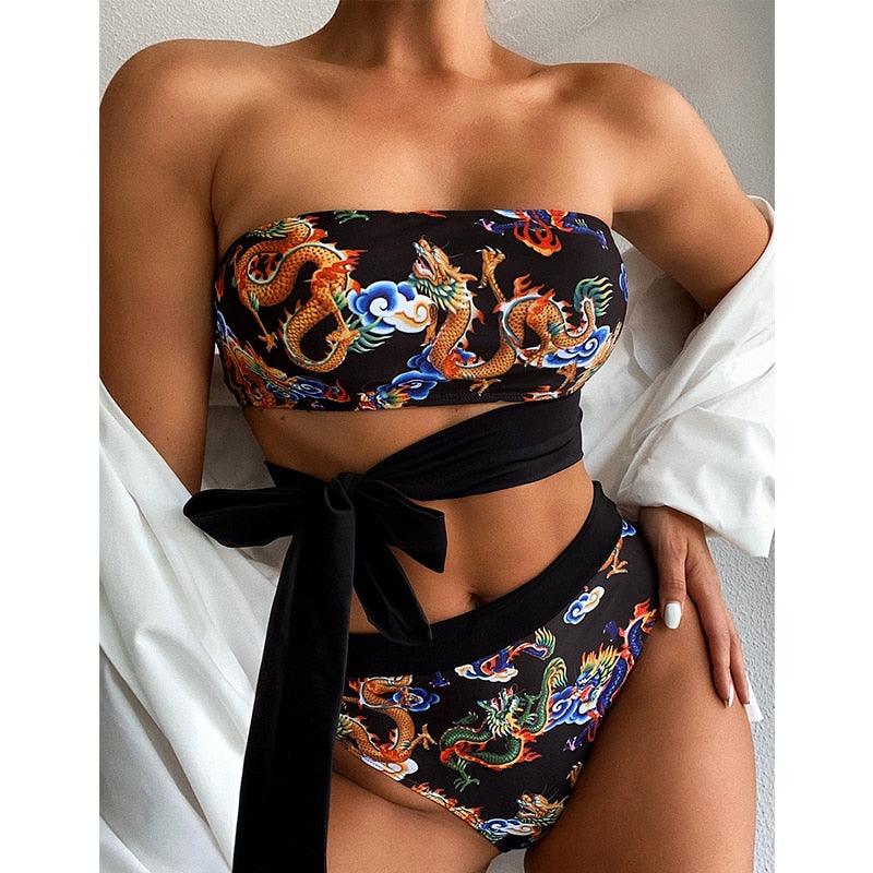 Modern Blue High Waist Bikini Push Up Swimwear Women Dragon Printed Bikini Set Retro Swimsuit Women's High Waist Bikini Swimsuits Twist Push Up Two Piece Bathing Suits Tummy Control Swimwear