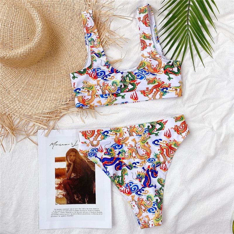 Modern Blue High Waist Bikini Push Up Swimwear Women Dragon Printed Bikini Set Retro Swimsuit Women's High Waist Bikini Swimsuits Twist Push Up Two Piece Bathing Suits Tummy Control Swimwear