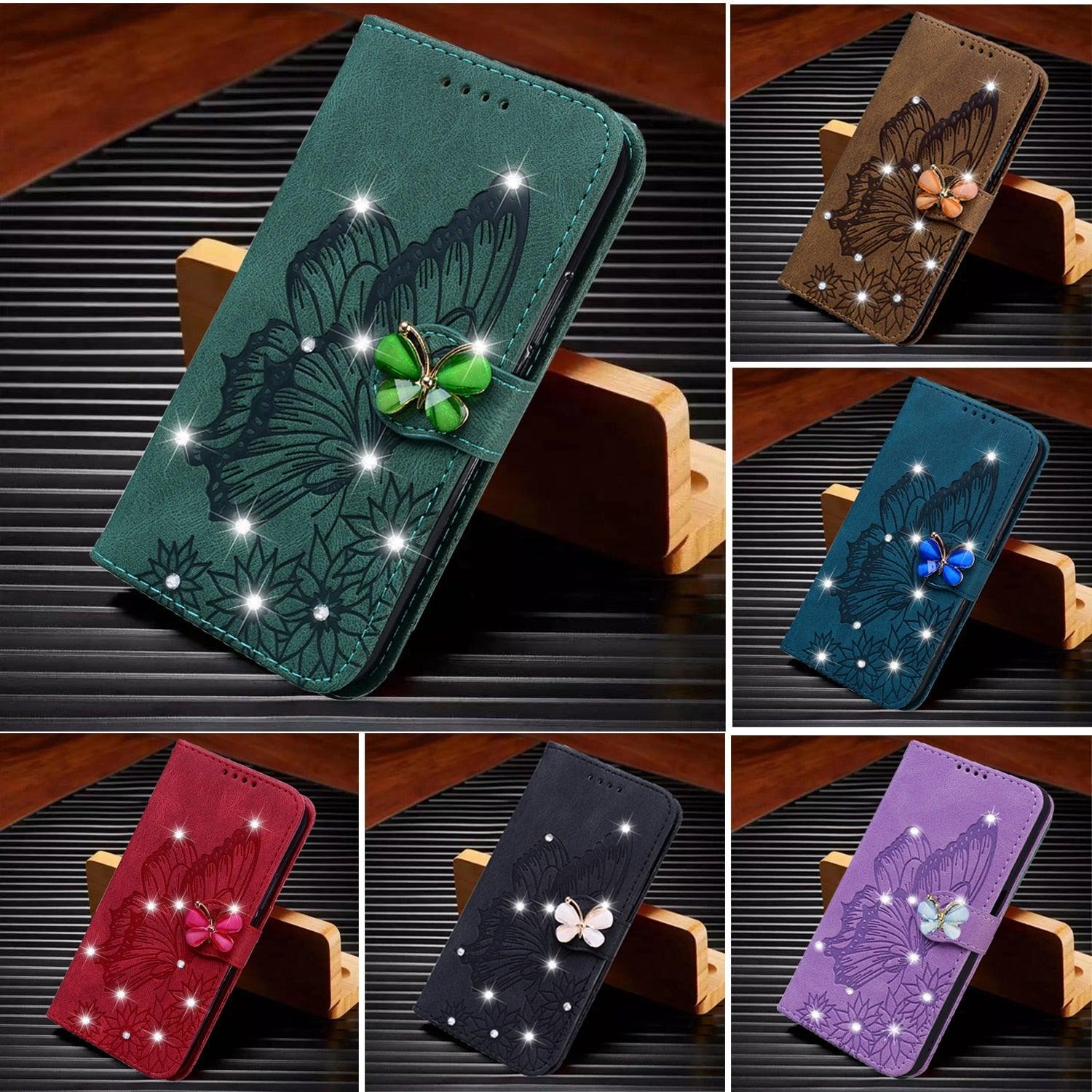 Modern Glitter Leather Flip Wallet Phone Case For iPhone 14 13 12 Pro Max 11 Shiny Green Butterfly Cover Glitter Flip Case Mobile Phone Case PU Leather Magnetic Case