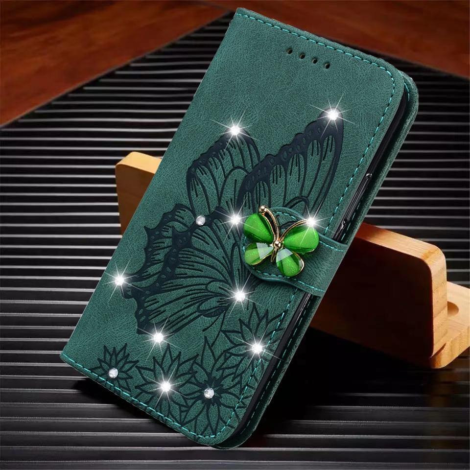 Modern Glitter Leather Flip Wallet Phone Case For iPhone 14 13 12 Pro Max 11 Shiny Green Butterfly Cover Glitter Flip Case Mobile Phone Case PU Leather Magnetic Case