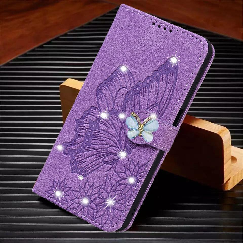 Modern Glitter Leather Flip Wallet Phone Case For iPhone 14 13 12 Pro Max 11 Shiny Green Butterfly Cover Glitter Flip Case Mobile Phone Case PU Leather Magnetic Case