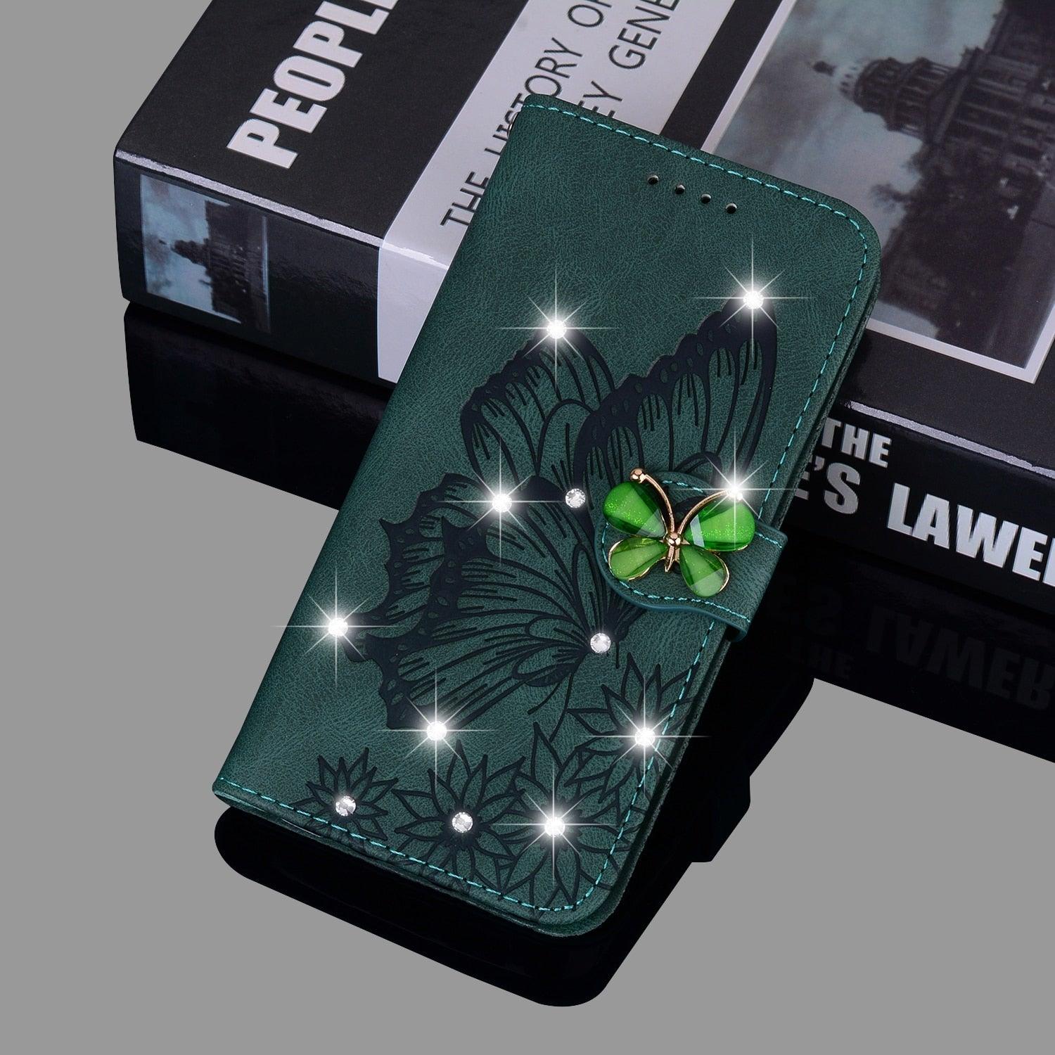 Modern Glitter Leather Flip Wallet Phone Case For iPhone 14 13 12 Pro Max 11 Shiny Green Butterfly Cover Glitter Flip Case Mobile Phone Case PU Leather Magnetic Case