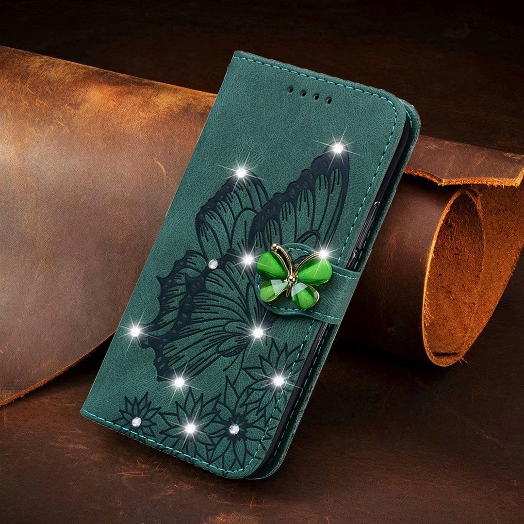 Modern Glitter Leather Flip Wallet Phone Case For iPhone 14 13 12 Pro Max 11 Shiny Green Butterfly Cover Glitter Flip Case Mobile Phone Case PU Leather Magnetic Case