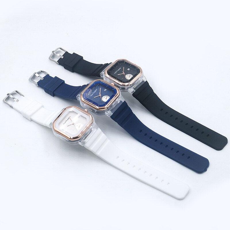 Modern Transparent Quartz Watch Sports Kids Children Watches For Girls Boys Square Women Sports Electronic Casual Quartz Wristwatch With Bezel Case Silicone Band Watch For Women Men