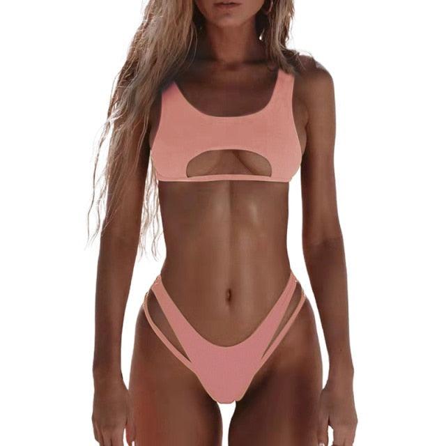 Modern White Bikini Hollow Out Swimsuit Female High Cut Swimwear Solid Fashion Bathing Suit Beach Wear Women's Front Cutout Bikini Sets Two Piece Summer Party Bathing Suits