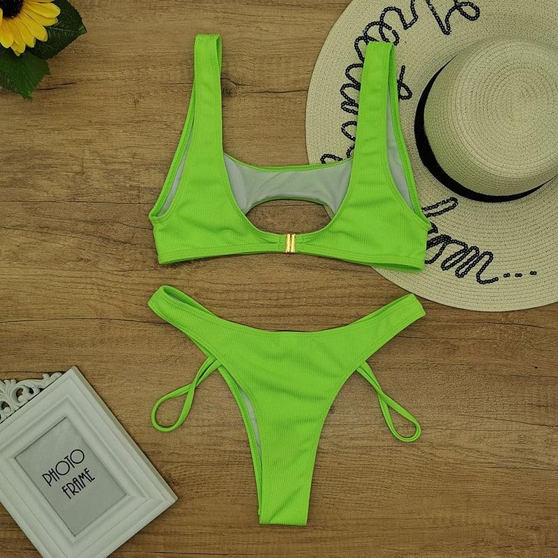 Modern White Bikini Hollow Out Swimsuit Female High Cut Swimwear Solid Fashion Bathing Suit Beach Wear Women's Front Cutout Bikini Sets Two Piece Summer Party Bathing Suits