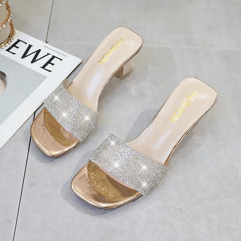 Modern Woman Black Bright Diamond Sandals Open Toe High Heels Women Slippers Party Dress Shoes Sandals Heels For Women Ankle Strap Low Block Heel Cute Dressy Sandals