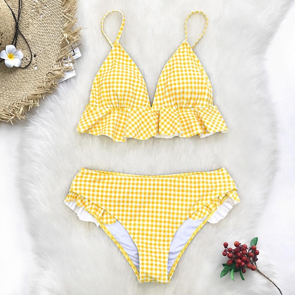 Modern Yellow Mid-waist Women Bikinis Set Swimwear Women's Bathing Suits Ruffles Bikini Sets Low Rise Two Piece Swimsuit Women Swimsuits Bathing Suit Women Yellow Ruffled Beachwear Bikini