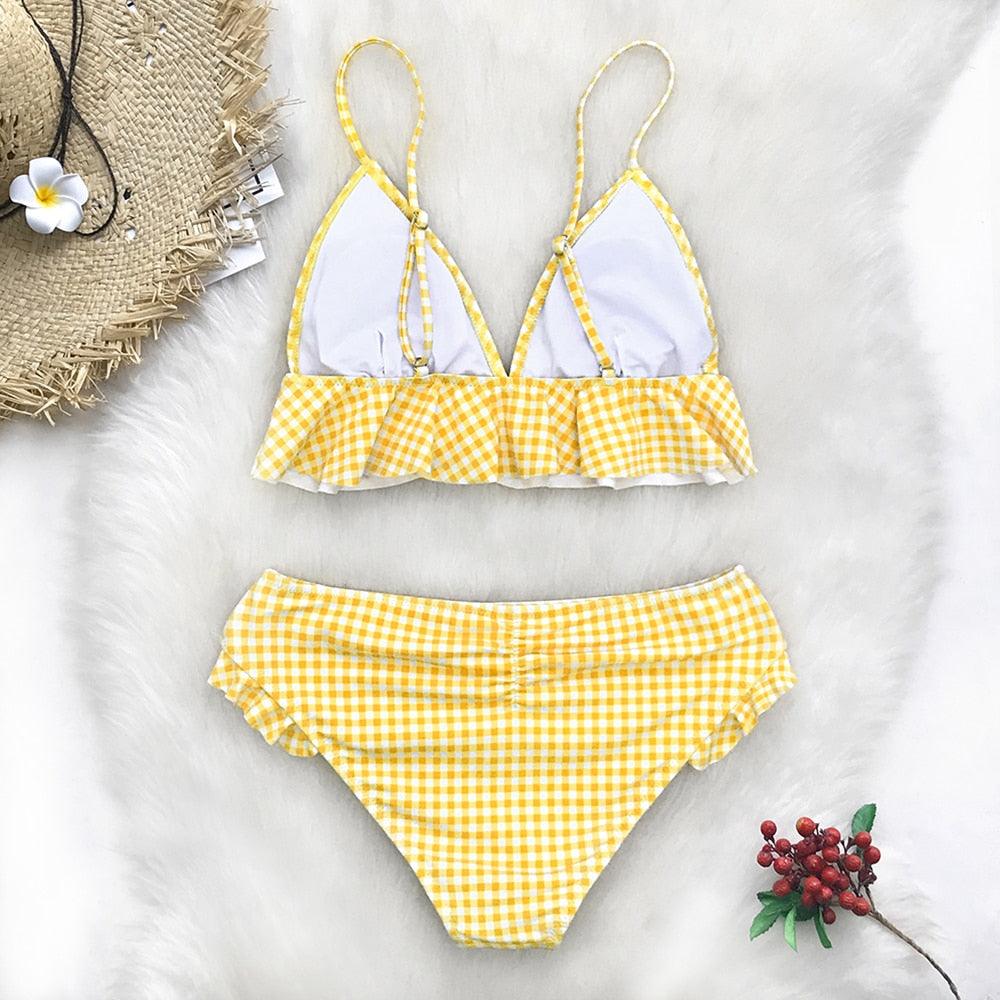 Modern Yellow Mid-waist Women Bikinis Set Swimwear Women's Bathing Suits Ruffles Bikini Sets Low Rise Two Piece Swimsuit Women Swimsuits Bathing Suit Women Yellow Ruffled Beachwear Bikini