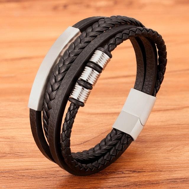 Multi-layer Leather Bracelet Stainless Steel Metal Luxury Bangles For Men Charm Accessories Mens New Magnetic Clasp Multi-Layer Braided Leather Brown And Black Bracelets