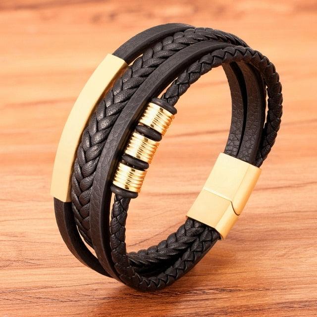 Multi-layer Leather Bracelet Stainless Steel Metal Luxury Bangles For Men Charm Accessories Mens New Magnetic Clasp Multi-Layer Braided Leather Brown And Black Bracelets