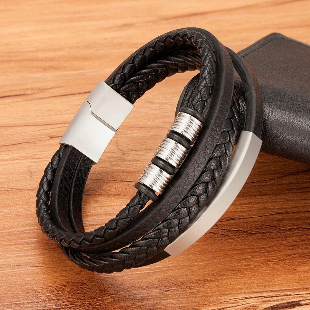 Multi-layer Leather Bracelet Stainless Steel Metal Luxury Bangles For Men Charm Accessories Mens New Magnetic Clasp Multi-Layer Braided Leather Brown And Black Bracelets