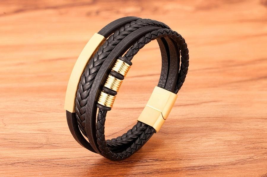 Multi-layer Leather Bracelet Stainless Steel Metal Luxury Bangles For Men Charm Accessories Mens New Magnetic Clasp Multi-Layer Braided Leather Brown And Black Bracelets