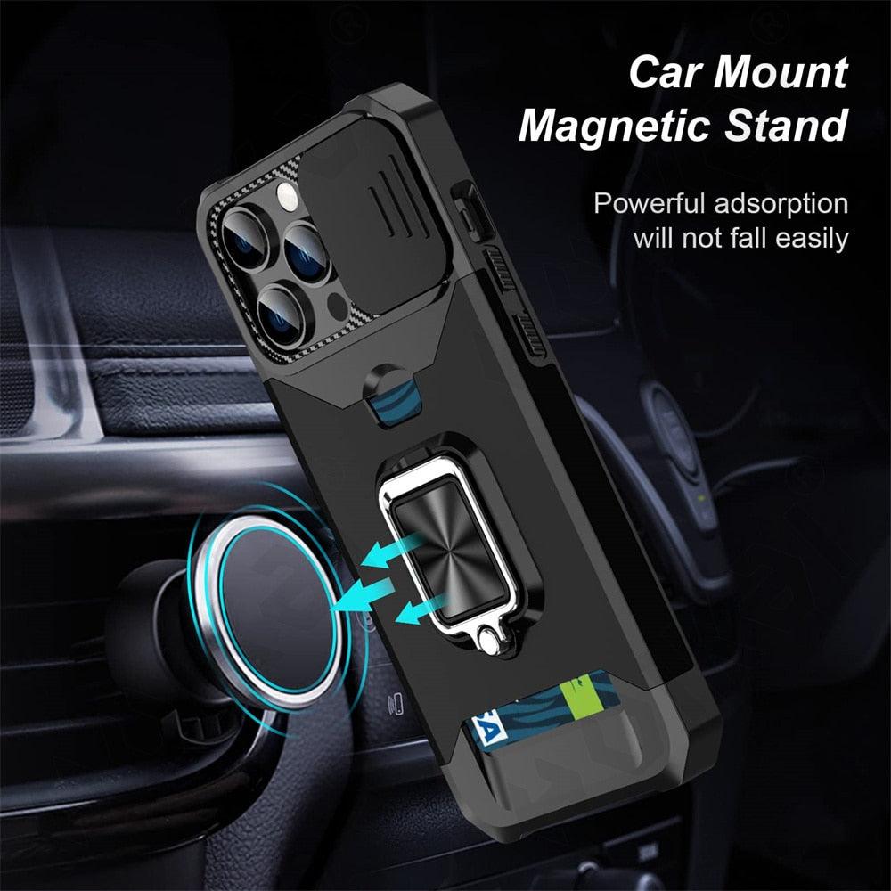 Multifunctional Card Holder Heavy Duty Protective iPhone Case For iPhone  14 13 12 11  Pro Max Slide Camera Kickstand Card Holder Slot Wallet Protective With Ring Stand Cover Magnetic Strong Phone Case