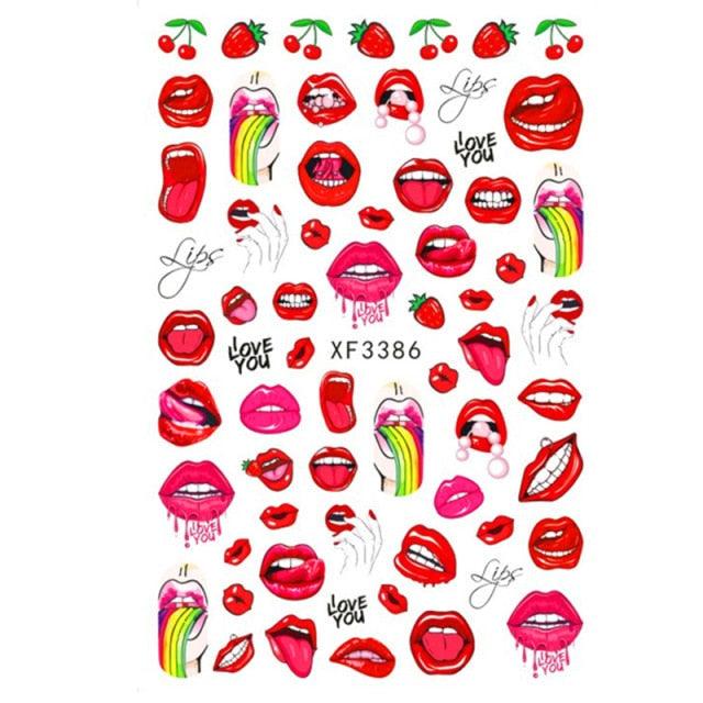 Nail Art Stickers Red Lips Nails Decals Sticker Hot Sexy Girl Tip Back Glue Decal Cool Lollipop Self Adhesive Acrylic Tips Tool Decoration White Feather Lace Flower Leaf Carving Design Exquisite Pattern Nail Art Supplies Self-Adhesive Nail