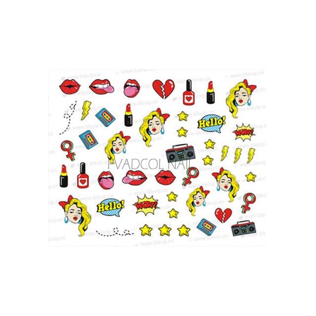 Nail Art Stickers Red Lips Nails Decals Sticker Hot Sexy Girl Tip Back Glue Decal Cool Lollipop Self Adhesive Acrylic Tips Tool Decoration White Feather Lace Flower Leaf Carving Design Exquisite Pattern Nail Art Supplies Self-Adhesive Nail