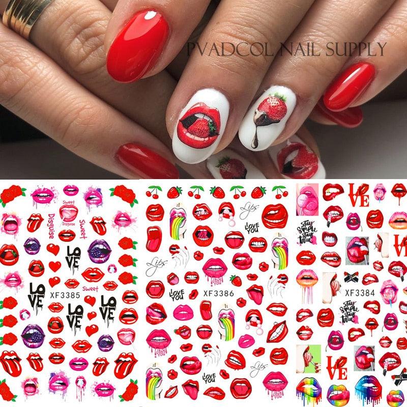 Nail Art Stickers Red Lips Nails Decals Sticker Hot Sexy Girl Tip Back Glue Decal Cool Lollipop Self Adhesive Acrylic Tips Tool Decoration White Feather Lace Flower Leaf Carving Design Exquisite Pattern Nail Art Supplies Self-Adhesive Nail