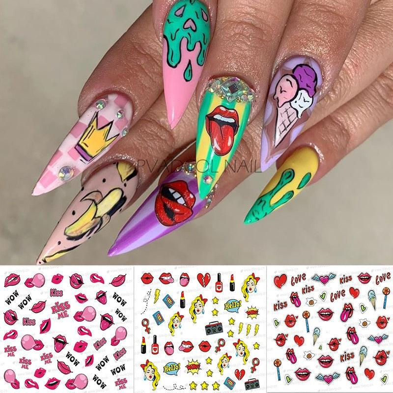 Nail Art Stickers Red Lips Nails Decals Sticker Hot Sexy Girl Tip Back Glue Decal Cool Lollipop Self Adhesive Acrylic Tips Tool Decoration White Feather Lace Flower Leaf Carving Design Exquisite Pattern Nail Art Supplies Self-Adhesive Nail