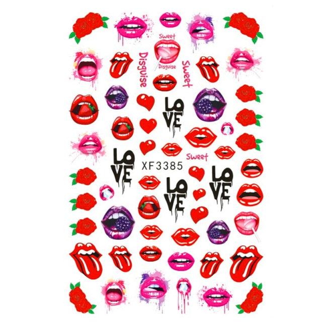 Nail Art Stickers Red Lips Nails Decals Sticker Hot Sexy Girl Tip Back Glue Decal Cool Lollipop Self Adhesive Acrylic Tips Tool Decoration White Feather Lace Flower Leaf Carving Design Exquisite Pattern Nail Art Supplies Self-Adhesive Nail