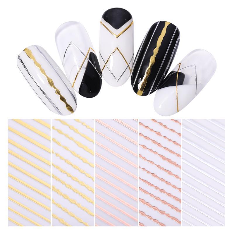 Nail Strip Stickers Black Gold Rose Gold Silver Metal Strip Tape Nail Art Adhesive Foil Tips Nail Sticker Decals Metallic Curve Strip Line Nail Decal Self-Adhesive 3D Wave Design Decoration for Women Girls Tape Nail Art Stickers Decal Decoration