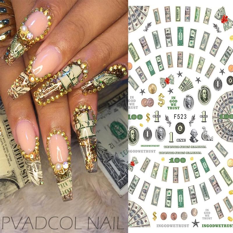 Nails Sticker Money Dollar Wealthy Rich Style Nail Art Stickers Decals Manicure Tip Decal Self Adhesive Acrylic Tips Tool Acrylic Engraved Nail Sticker Nail Art Decoration Self-Adhesive Nail Art Decoration French Black and White Lace Retro Flower