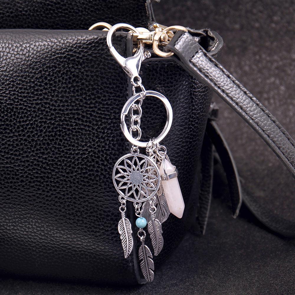 Natural Stone Opal Dreamcatcher Car Keychain Boho Key Ring Of Feather Jewelry Woman Stone Dreamcatcher Keyring Fashion Silver Boho Ornament Keychain Keychain Keyring Natural Opal Stone Dreamcatcher