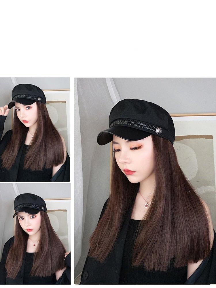 Navy Hat With Hair Long Straight Fake Hair Hat Wig Synthetic Hair Extensions Hat With Hair Natural Hairpiece Wigs For Black Women Cosplay Wigs For Women