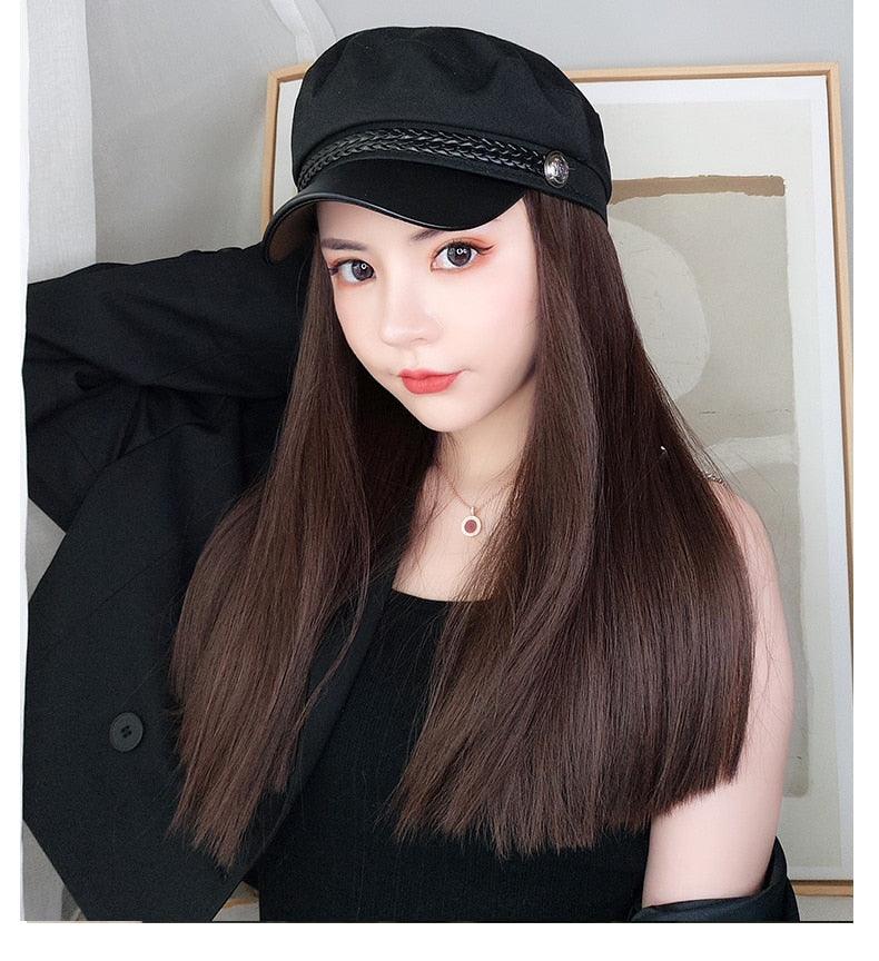 Navy Hat With Hair Long Straight Fake Hair Hat Wig Synthetic Hair Extensions Hat With Hair Natural Hairpiece Wigs For Black Women Cosplay Wigs For Women