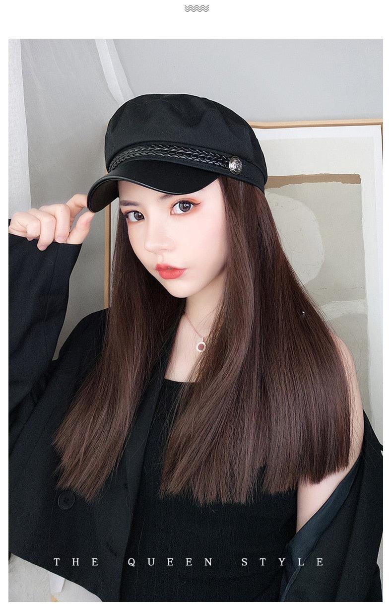 Navy Hat With Hair Long Straight Fake Hair Hat Wig Synthetic Hair Extensions Hat With Hair Natural Hairpiece Wigs For Black Women Cosplay Wigs For Women