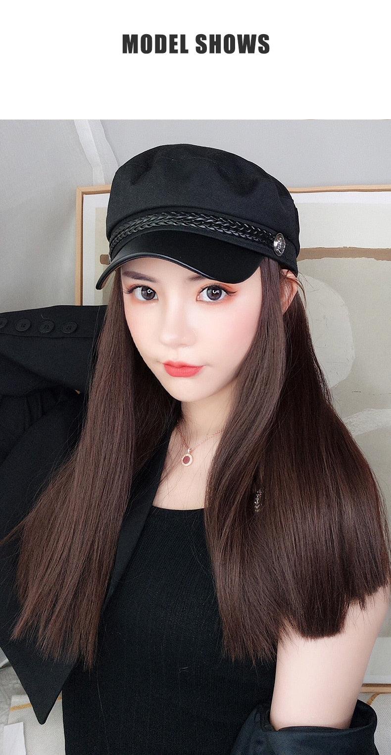 Navy Hat With Hair Long Straight Fake Hair Hat Wig Synthetic Hair Extensions Hat With Hair Natural Hairpiece Wigs For Black Women Cosplay Wigs For Women