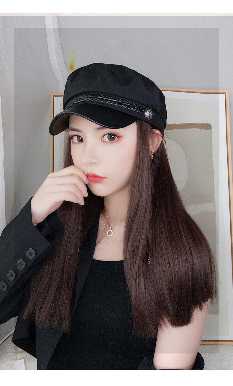 Navy Hat With Hair Long Straight Fake Hair Hat Wig Synthetic Hair Extensions Hat With Hair Natural Hairpiece Wigs For Black Women Cosplay Wigs For Women