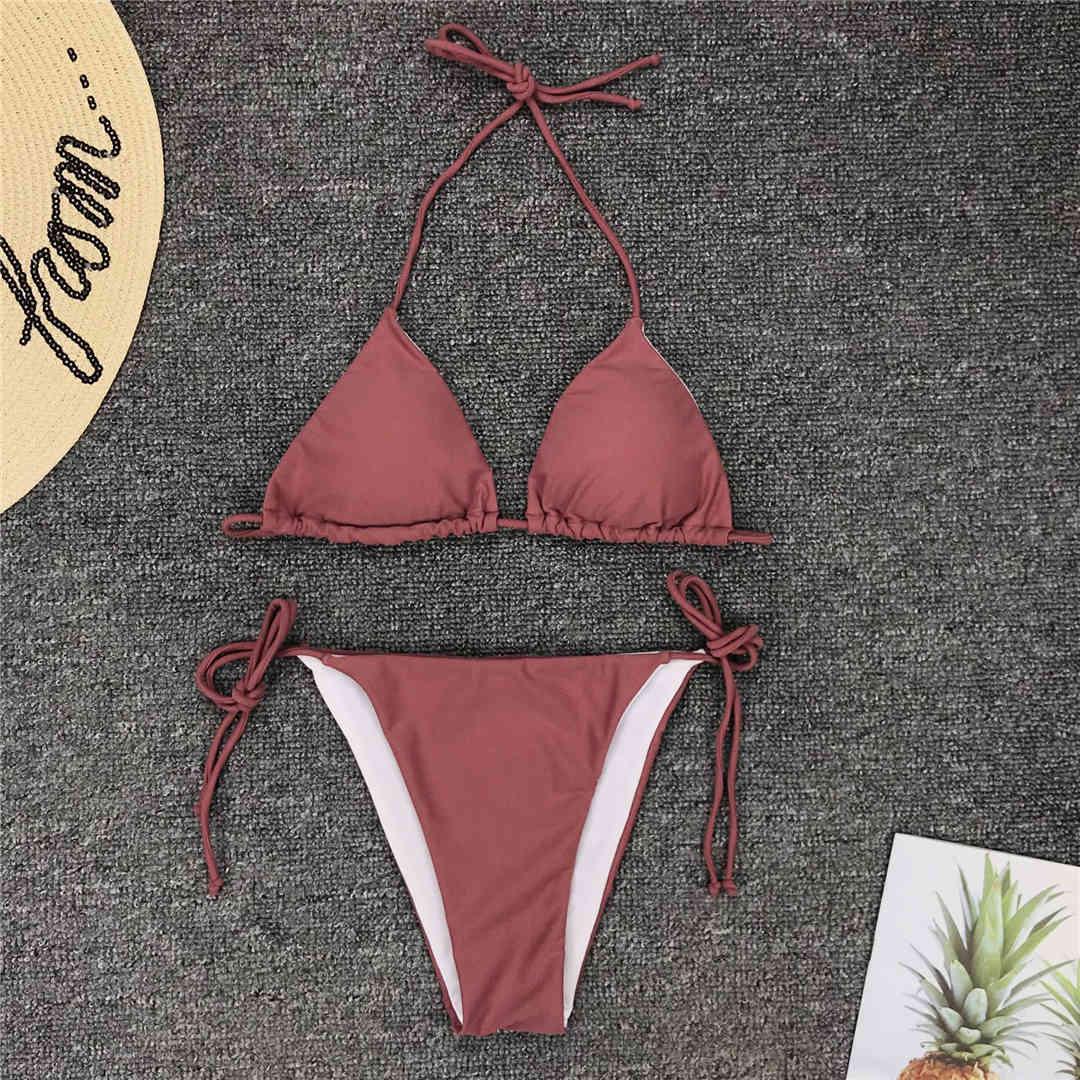 Neon Pink Bikini Women Swimwear Halter Swimsuit Female Two-Pieces Bikini Set Swimwear Halter String Triangle Bikini Sets Bather Bathing Suit Swim