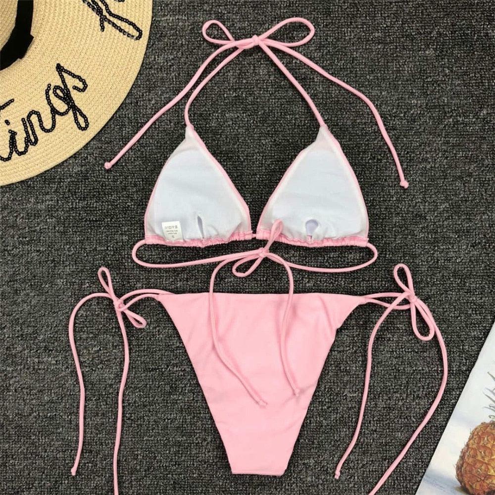 Neon Pink Bikini Women Swimwear Halter Swimsuit Female Two-Pieces Bikini Set Swimwear Halter String Triangle Bikini Sets Bather Bathing Suit Swim