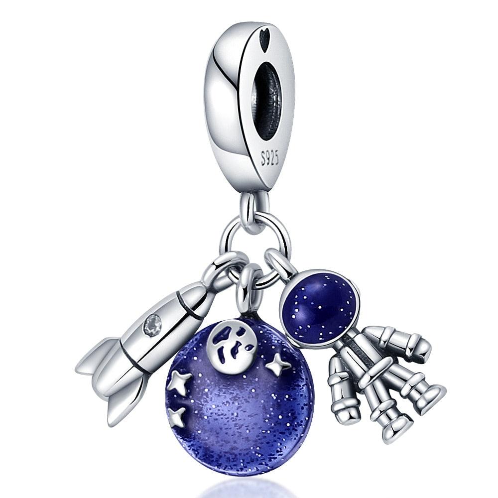 New 925 Sterling Silver Blue Astronaut Planet Ocean Dolphin Charm Bead Fit Original Bracelet Women Jewelry Gift Sterling Silver Charm Travel Silver Bead fit Bracelets