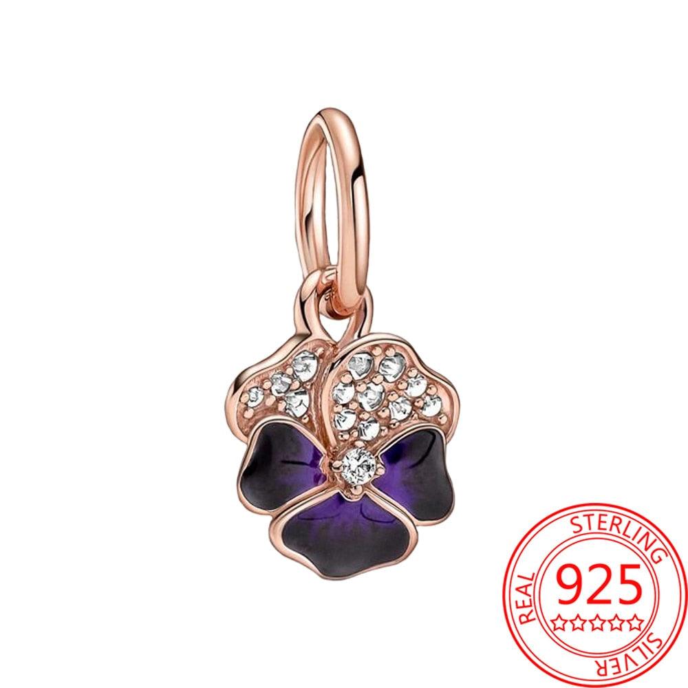 New 925 Sterling Silver Purple Bead Flower Dangle Charm Fit Bracelet And Necklace 925 Jewelry Gift Deep Purple Pansy Flower Charm 925 Sterling Silver Pendant Girl Jewelry Beads Gifts for Women