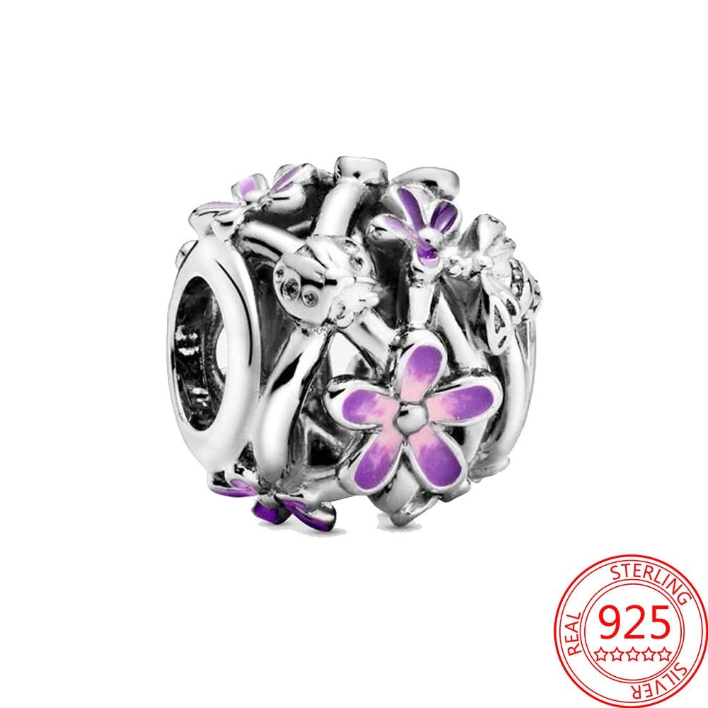 New 925 Sterling Silver Purple Bead Flower Dangle Charm Fit Bracelet And Necklace 925 Jewelry Gift Deep Purple Pansy Flower Charm 925 Sterling Silver Pendant Girl Jewelry Beads Gifts for Women