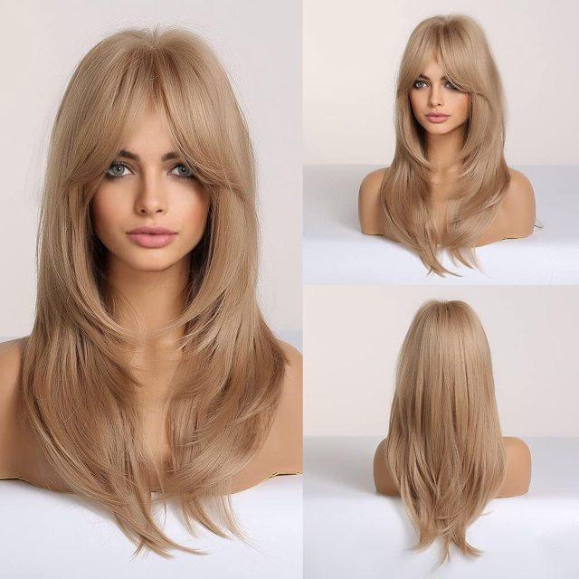 New Arrival Long Straight Wigs Ombre Black Blonde Ash Wig with Bangs Heat Resistant Synthetic Wigs for Women Stylish Wigs For Black Women Cosplay Wigs For Women