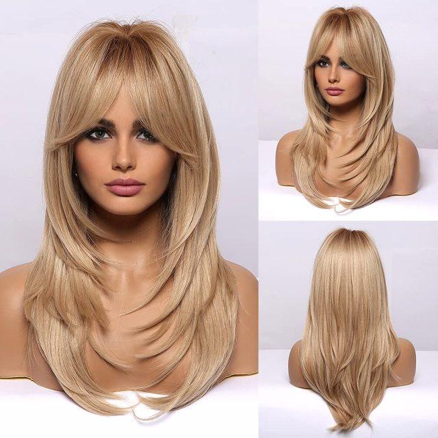 New Arrival Long Straight Wigs Ombre Black Blonde Ash Wig with Bangs Heat Resistant Synthetic Wigs for Women Stylish Wigs For Black Women Cosplay Wigs For Women