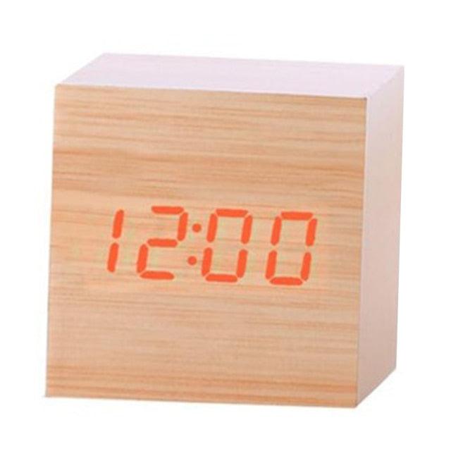 New Arrival Wooden LED Alarm Clocks Temperature Electronic Clock Digital Alarm Clock with Wooden Electronic LED Time Display 3 Dual Plus Alarm Cubic Small Mini Wood Made Electric Sounds Control Digital LED Display Desktop Calendar Table clock