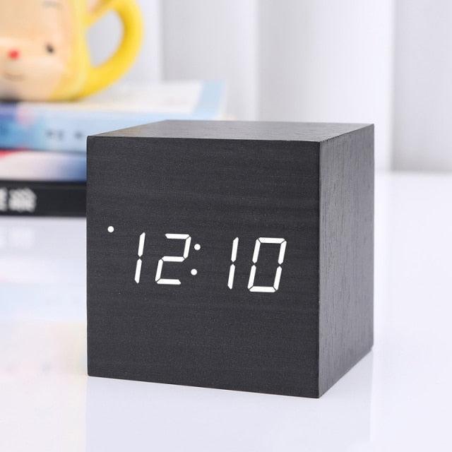 New Arrival Wooden LED Alarm Clocks Temperature Electronic Clock Digital Alarm Clock with Wooden Electronic LED Time Display 3 Dual Plus Alarm Cubic Small Mini Wood Made Electric Sounds Control Digital LED Display Desktop Calendar Table clock