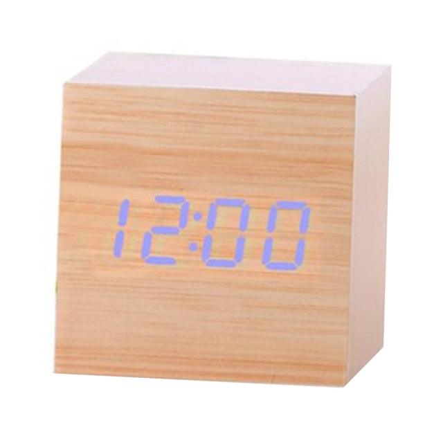 New Arrival Wooden LED Alarm Clocks Temperature Electronic Clock Digital Alarm Clock with Wooden Electronic LED Time Display 3 Dual Plus Alarm Cubic Small Mini Wood Made Electric Sounds Control Digital LED Display Desktop Calendar Table clock