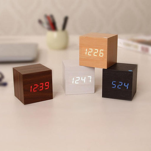 New Arrival Wooden LED Alarm Clocks Temperature Electronic Clock Digital Alarm Clock with Wooden Electronic LED Time Display 3 Dual Plus Alarm Cubic Small Mini Wood Made Electric Sounds Control Digital LED Display Desktop Calendar Table clock