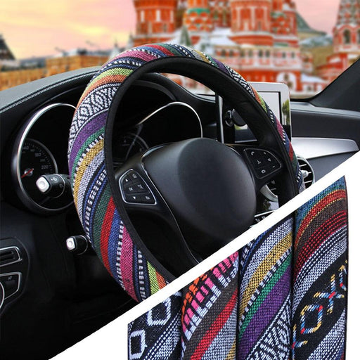 New Baja Blanket Car Steering Wheel Cover Linen Universal Elastic Flax Stripe Cool Interior Car Steering Wheel Cover Ethnic Style Car Accessories Steering Wheel Covers with Cloth for Women Breathable Anti Skid Better Grips Steering Wheel Cover Women