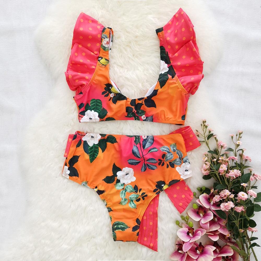 New Bikini Floral Ruffled Bikini Set Women V-neck High Waist Two Piece Swimsuit Swimsuits For Women Two Piece Bathing Suits Ruffled High Waisted Bottom Bikini Set Girl Beach Bathing Suit Swimwear Bikinis